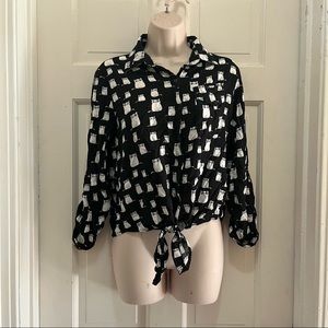 Button up cat shirt with tie in front